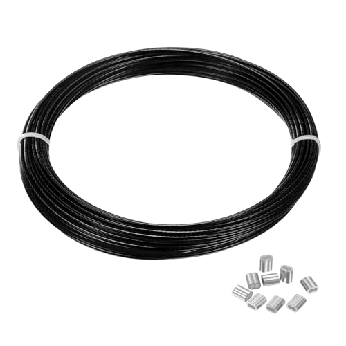 PATIKIL Cable De Acero Inoxidable 304 De 1/16 Con Recubrimiento De Vinilo Negro, 33 Pies Con 10 Piezas De Manguitos De Crimpado Para Colgar Luces, Cuerdas De Ropa Y Enrejados, Negro