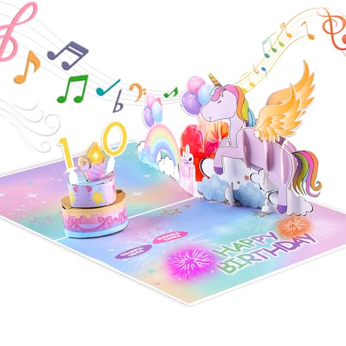 Carte d’anniversaire musicale Licorne 3D Pop Up avec LED et gâteau à bougies soufflables, avec enveloppe et étiquette, carte de vœux Joyeux Anniversaire pour femmes, mamans, filles, enfants et amis