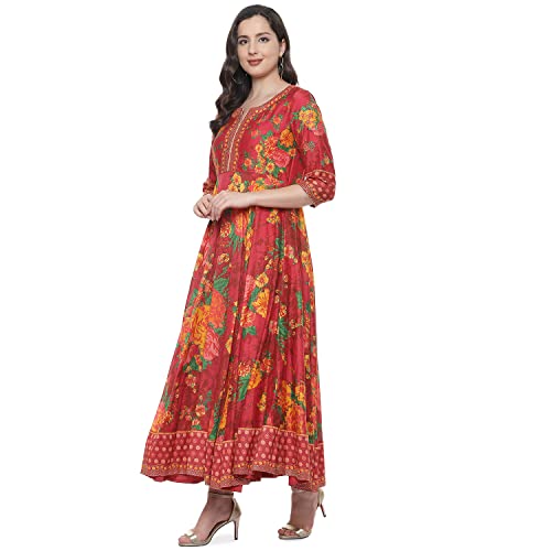 Image of BIBA Women's Fit and Flare Cotton Flared Fusion Printed Below The Knee Dress