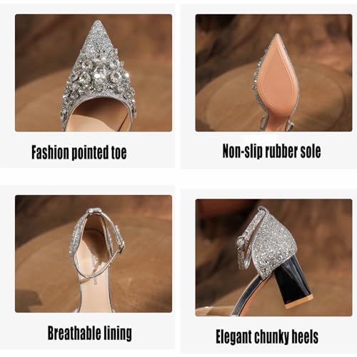 AMAZIDEAL Women's Rhinestone Sequined Chunky Heeled Pumps,Sexy Pointed Closed Toe Block Heel Buckle Sandals,Wedding Party Dress Heels3