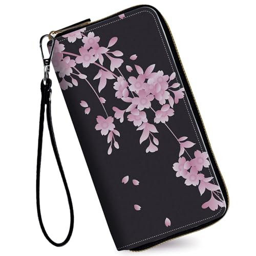 Image of Women's Wallets,Credit Card Holder Money Leather Long Wallet with Wristlet,Large Capacity with Zip-Around Phone Purse for Women Ladies Girls,Cherry Blossoms