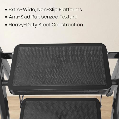 Image of Black 4 Step Ladder for Home Use with Built-in Tool Tray | Heavy Duty D Shape Rods | Ultra Large Platform | Wide Rubber Feet | 150Kg Capacity Foldable Ladder - 7 Years Warranty