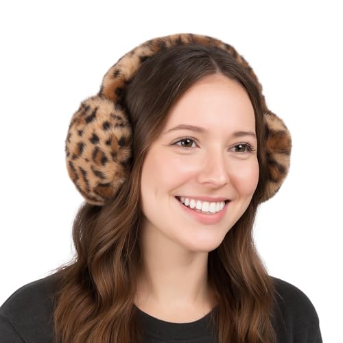 TZ Promise Fuzzy Faux Fur Earmuffs for Women Winter Warm Foldable Fluffy Ear Muffs for Cold Weather Outdoor (Leopard)