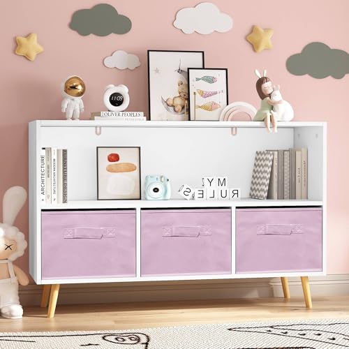 Zyerch Kids Bookcase and Bookshelf, Multifunctional Bookcase with Storage Cubbies and 3 Collapsible Fabric Drawers, Bookcase Display Stand, Toy Storage Organizer for Bedroom, Playroom, White/Pink