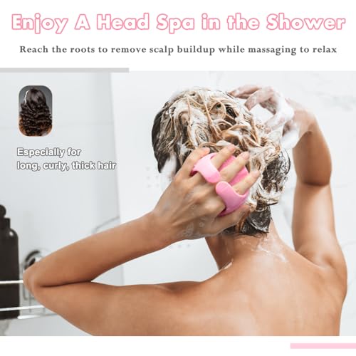 Image of FREATECH Hair Scalp Massager Shampoo Brush with Long & Soft Silicone Bristles for Scalp Care, Gentle Scrub to Exfoliate, Intensive Massage to Relax The Head, Dandruff Removal and Hair Growth, Pink