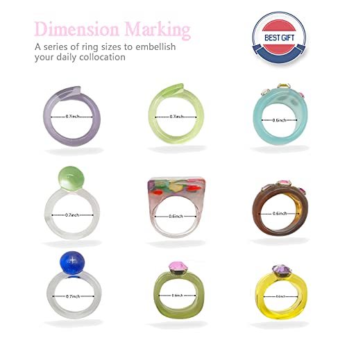 Mulgro 9 Pcs Resin Acrylic Rings Set Cute Plastic Band Rings Pack Y2K Style Diamond Rings Chunky Resin Rings Colorful Rhinestone For Women Girls #TOP1
