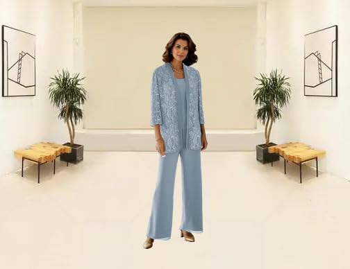 3 Pieces Mother of The Bride Pantsuits with Jackets Sparkly Sequin 3/4 Sleeve Lace Formal Pant Suits for Women3