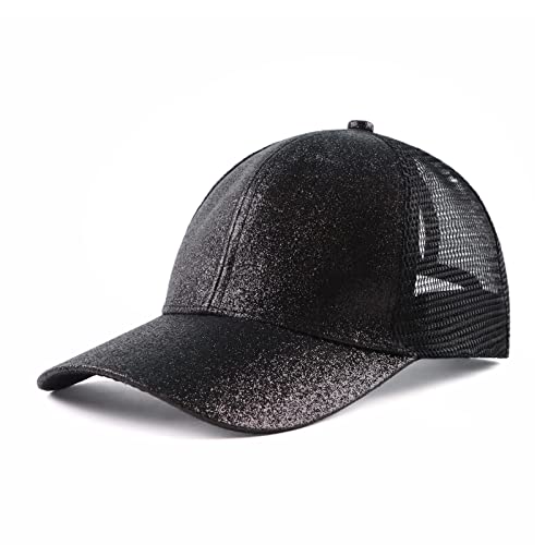 Zsedrut Girls Glitter Baseball Cap Kids Adjustable Ponytail Hat Toddler Summer Mesh Trucker Hats (Black)