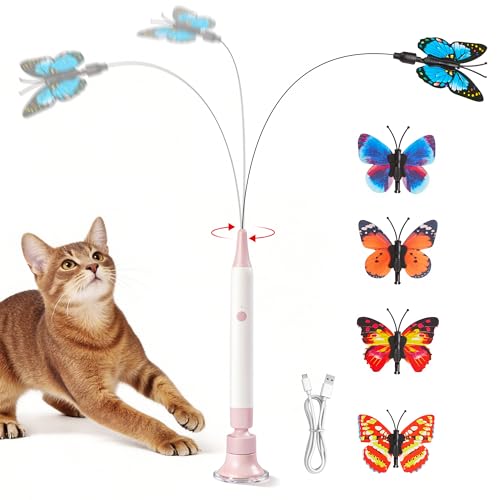 Potaroma Interactive Spinning Butterfly Cat Toy Wand Rechargebale Electric Touch Activated Cat Teaser with Suction Cup Self-Play & Handheld Mode for Indoor Kittens Durable Automatic Play Toy