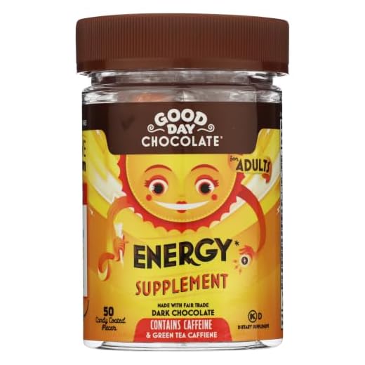 Good Day Chocolate Natural Energy Supplement for Adults, 20mg Caffeine, Green Tea, and B Vitamins per Piece, Fair Trade and Non-GMO Dark Chocolate, 50 Pieces