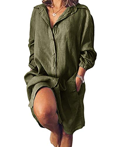 Runcati Womens Long Sleeve Button Down Shirts Linen Cotton Tunic Tops Solid Blouse Cover Up Loose Beach Bikini Dress Army Green