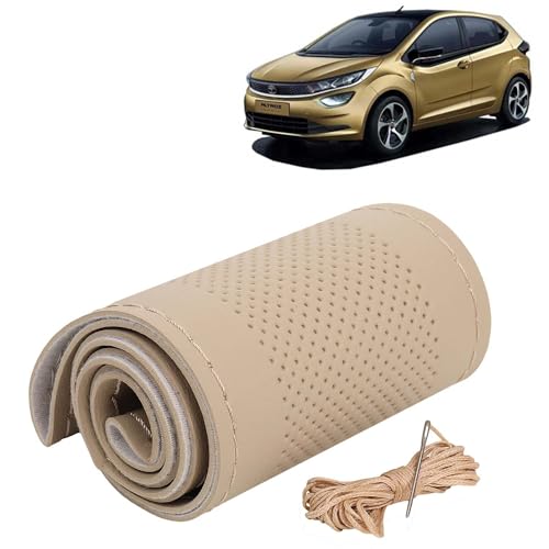 Image of KINGSWAY PU Leatherite Car Steering Cover Sewable Compatible with Tata Altroz (Year 2020 Onwards), Beige Color with Beige Thread, Pack of 1 with Sewing Needle and Thread