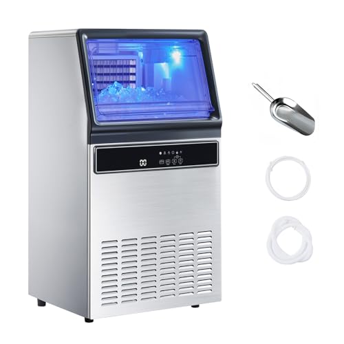 Commercial Ice Maker Machine, 130Lbs/24H with 33Lbs Storage, 45 Cubes per Cycle, Stainless Steel Freestanding & Under Counter Ice Machine with LED Display & Self-Cleaning, Ideal for Home