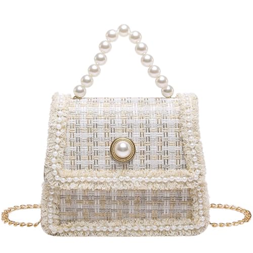Small Tote Bag for Women Mini Square Handbag with Pearl Handle Elegant Ladies Crossbody Purse