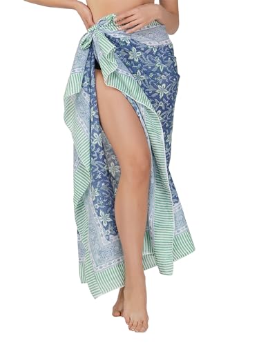 Pareo de playa 100 % algodón con bloques de mano, tu falda perfecta para el verano, D Blue Base Flory, 0
