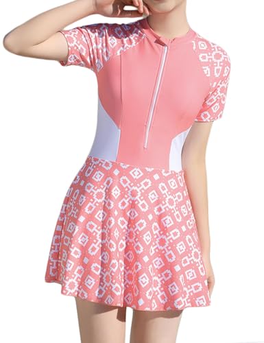 JadeRich Teen Girls' One Piece Short Sleeve Skirted Bathing Suit Rash Guard Sporty Swimdress Zipper Front