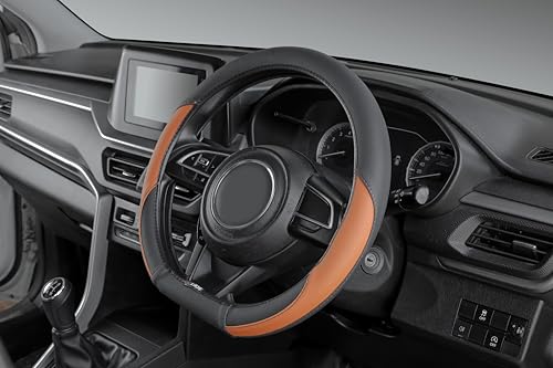 Image of SOFT X Flat Bottom Faux Leather Car Steering Wheel Cover Breathable & Anti Slip D Shape Steering Cover for Untlimate Comfort & Style (Tan & Black)