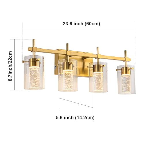 Image of 4-Light Gold Vanity Light with 3 Color Modes (3000K /4000K /6000K), Eye Protection LED Bathroom Light Fixture, Dimmable Modern Wall Light Over Mirror with Clear Glass Shade