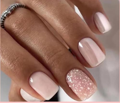 Image of Curvlife Press On Nails Short Square Pink - Snowflake Glitter Press on Nails with Glue, White Snowflakes Sparkle Glossy False Nail Tips for Women Winter Christmas