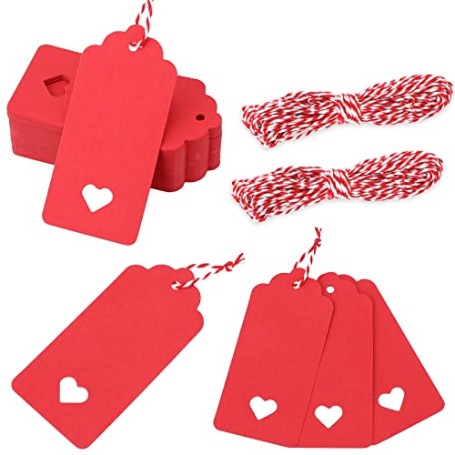 Valentine Tags,Red Paper Gift Tags with String Vintage Tags with Hollow Heart Wedding Favor Tags,Valentine’s Day Gift Tags,100 Pcs Party Gift Tag Name Labels with String