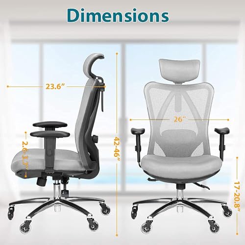Image of Duramont Ergonomic Office Chair - Adjustable Desk Chair with Lumbar Support and Rollerblade Wheels - High Back Chairs with Breathable Mesh - Thick Seat Cushion, Head, and Arm Rests - Gray