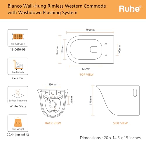 Image of Ruhe Blanco Wall-Hung Rimless Western Commode with Soft Close Seat Cover, Washdown Flushing System, P-Trap, White Glaze Ceramic, 22 x 14 x 14 Inches