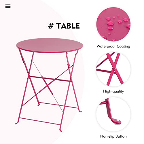 Oc Orange-Casual 3-Piece Outdoor Furniture Set, Premium Steel Patio Stripe Small Bistro Set, Folding Dining Table And Chairs For Porch Balcony, Rose Pink #TOP4