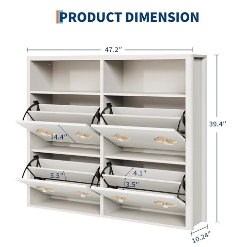 Image of GarveeHome Shoe Cabinet with 4 Flip Drawers, Narrow Wood Shoe Organizer Cabinet with Floral Pattern, Freestanding Slim Shoe Rack Cabinet with Adjustable Shelves & Open Storage, for Entryway, White