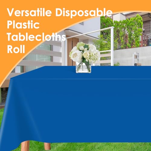 Image of tujol Blue Disposable Plastic Table Cloth Roll 54 inch X 100', Plastic Table Cover with Cutter Box, Cut to Size Disposable Tablecloth for Parties