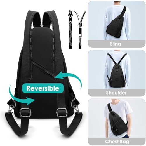 REETEE Leichter Brusttasche für Damen und Herren Klein Sling Bag Nylon Backpack Schulterrucksack, Crossbody Schultertasche für Outdoorsport, Wandern, Radfahren, Reisen (schwarz)