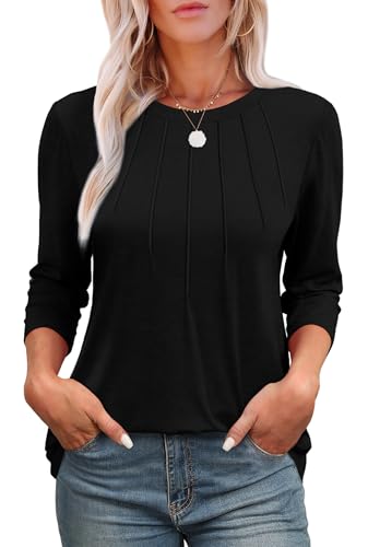 3/4 Length Sleeve Womens Tops Round Neck Casual Tunic Tops Basic Pleated Shirts Loose Fit 20253