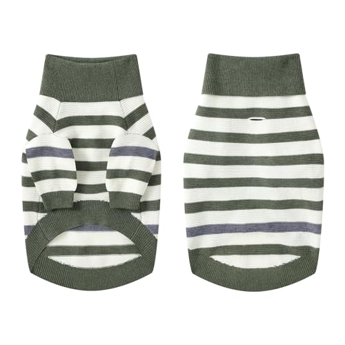Image of Small Dog Sweater, Knitted Striped Pullover Dog Clothes, Indoor Cozy Stretchy Pajamas for Chihuahua, Bulldog, Dachshund, Pug(Green&White Strip, XL)