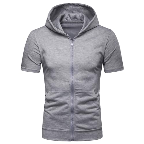 Mens Short Sleeve Hooded Tops Comfortable Zip Up Hoodie Lightweight Solid Color Full Zipper T Shirts with Pockets