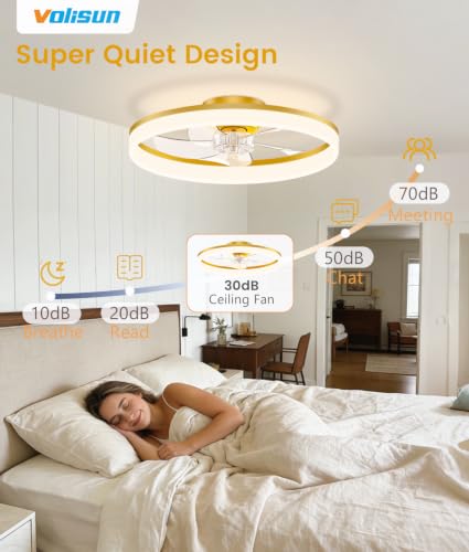Image of VOLISUN Low Profile Ceiling Fans with Lights and Remote, 20in Fandelier Ceiling Fan Flush Mount, 3000K-6500K Smart Bladeless LED Fan Light, Gold Modern Ceiling Fans with Lights for Bedroom