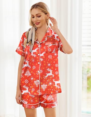 Image of Ekouaer Womens Silk Satin Pajama Sets Soft Short Sleeve Button Down Sleepwear Top and Shorts 2 Piece Pjs Lounge Set
