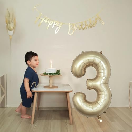 Image of Large Light Gold 3 Balloons, 40 Inch Metallic Champagne Gold Helium Mylar Foil Globos Numero for Boys Girls, Self Inflating 3rd Birthday Balloon for Women Men Anniversary Party Decorations Supplies