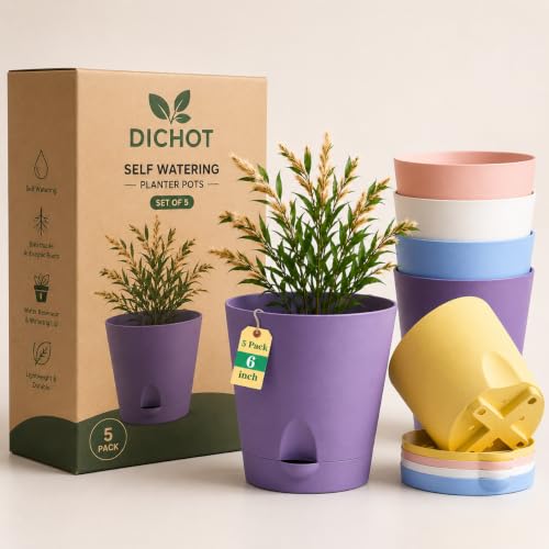 Set of 5 Self Watering Flower Pot 6 Inch Plastic Planters with Wa...