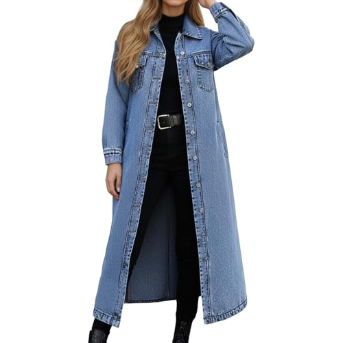Foweknow Damen Denim Trenchcoat Jeansjacke Elegant Herbst Winter Jeansmantel Lang Knöpfe Revers Jeans Mantel Mit Taschen Oversize Vintage Freizeitjacke Modsiche Gewaschene...