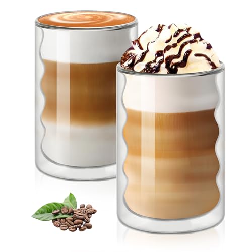 Vicloon 2 PCS Ripple Glass Cups, 375 ML Bubble Water Drinking Glasses Set, Insulated Latte Glasses Mugs