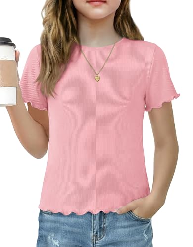 Arshiner Girls Short Sleeve Tops Lettuce Trim Crew Neck Ribbed Slim Fitted Basic Tee Shirts Cute Summer Tops 2026 Trendy Tee Blouse Light Pink 7-8 Years