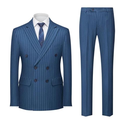 Mens Stripe Double Breasted Suit Two Piece Jacket and Pants Wedding Business Formal Outfit2