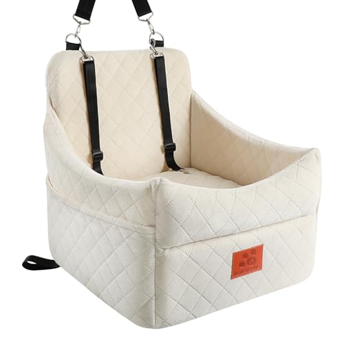 GL GLENSLAVE Dog Car Seat for Small/Medium Dogs, Dog Booster Car Seats with Thick Cushion for Dogs Under 35lbs, Detachable Washable Pet Carseat with Storage Pockets, 2 Safety Belts(Beige)