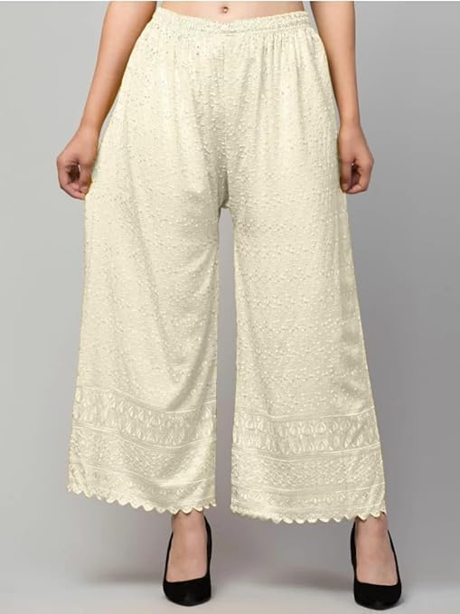 Image of Women's Palazzo Pants Rayon Trousers Chikankari Embroidered Lace Trim Wide Leg Straight Fit Flared Palazzo for Girls & Women