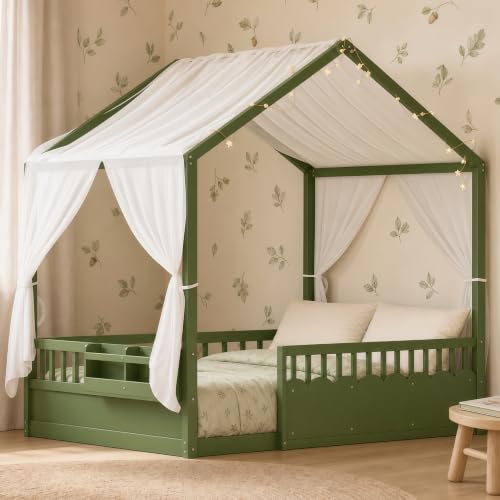 Image of Bellemave Full House BedFrame with Canopy, Montessori House Bed with LED and Bookshelf and Rails for Kids, Green