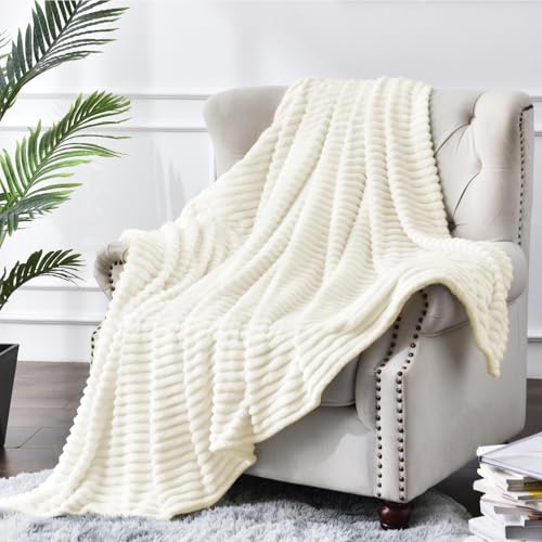 Image of BEDELITE Fleece Throw Blanket for Couch - 3D Ribbed Jacquard Soft and Warm Decorative Fuzzy Blanket - Cozy, Fluffy, Plush Lightweight Cream Throw Blankets for Bed, Sofa, 50x60 inches
