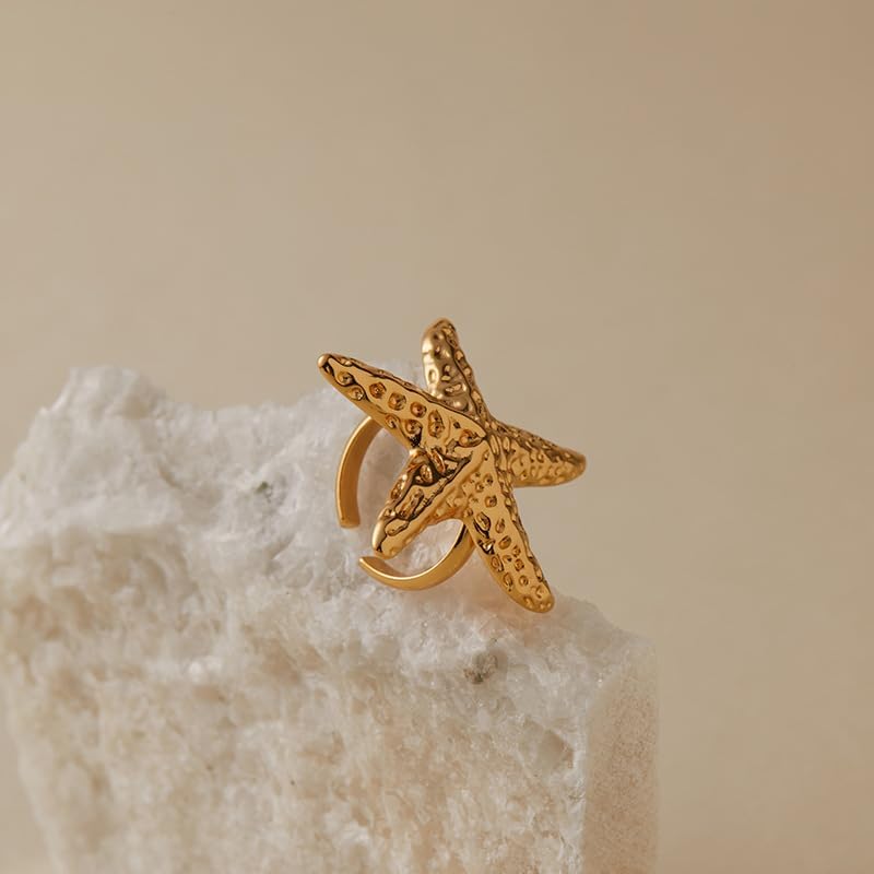 Vintage Large Starfish Statement Ring for Women Trendy Retro Gold Plated Open Finger Rings Fashion Chunky Big Sea Star Adjustable Ocean Stackable Band Comfort Fit Bohemian Summer Holiday Beach Jewelry - Image 5