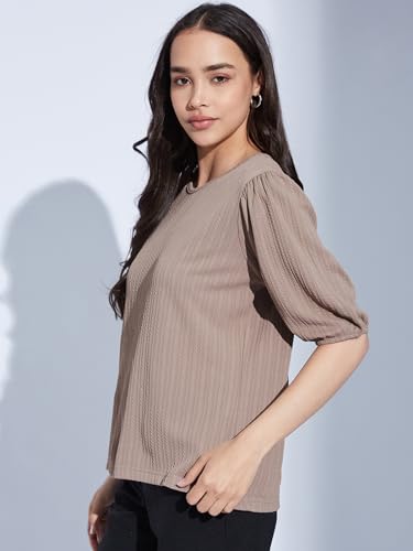 Image of Selvia Textured Lycra Plain Regular fit Round Neck Balloon Sleeve Stylish
