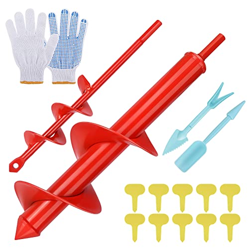 Auger Drill Bit Set with Hex Drive, Xakay Garden Post Hole Digger 2 Pack Bulb Planting Auger Heavy Duty Spiral Drill Bit Hand Soil Cultivator for Planting Bulbs Seedlings, 4x22cm 8x30cm with Gloves