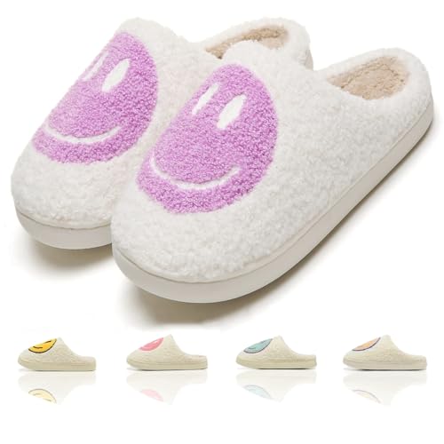 Cute House Slippers for Women Men with Memory Foam Retro Happy Face Cozy Indoor Outdoor Fuzzy Plush Shoes