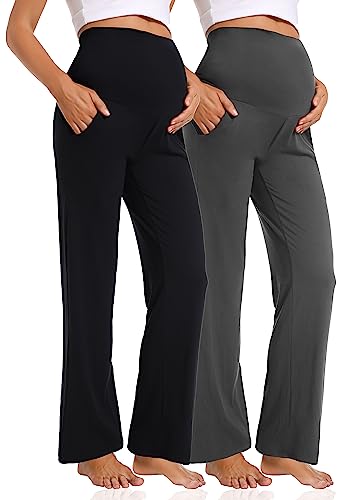 Image of Foucome Women's Maternity Pants Casual Loose Wide Leg Work Pants Cozy Pregnancy Lounge Trousers with Pockets